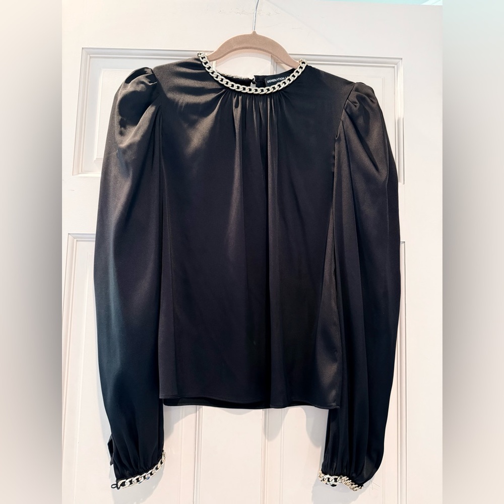 Generation Love Black Satin Perry  Puff-Sleeve Blouse with Gold Chain Trim
